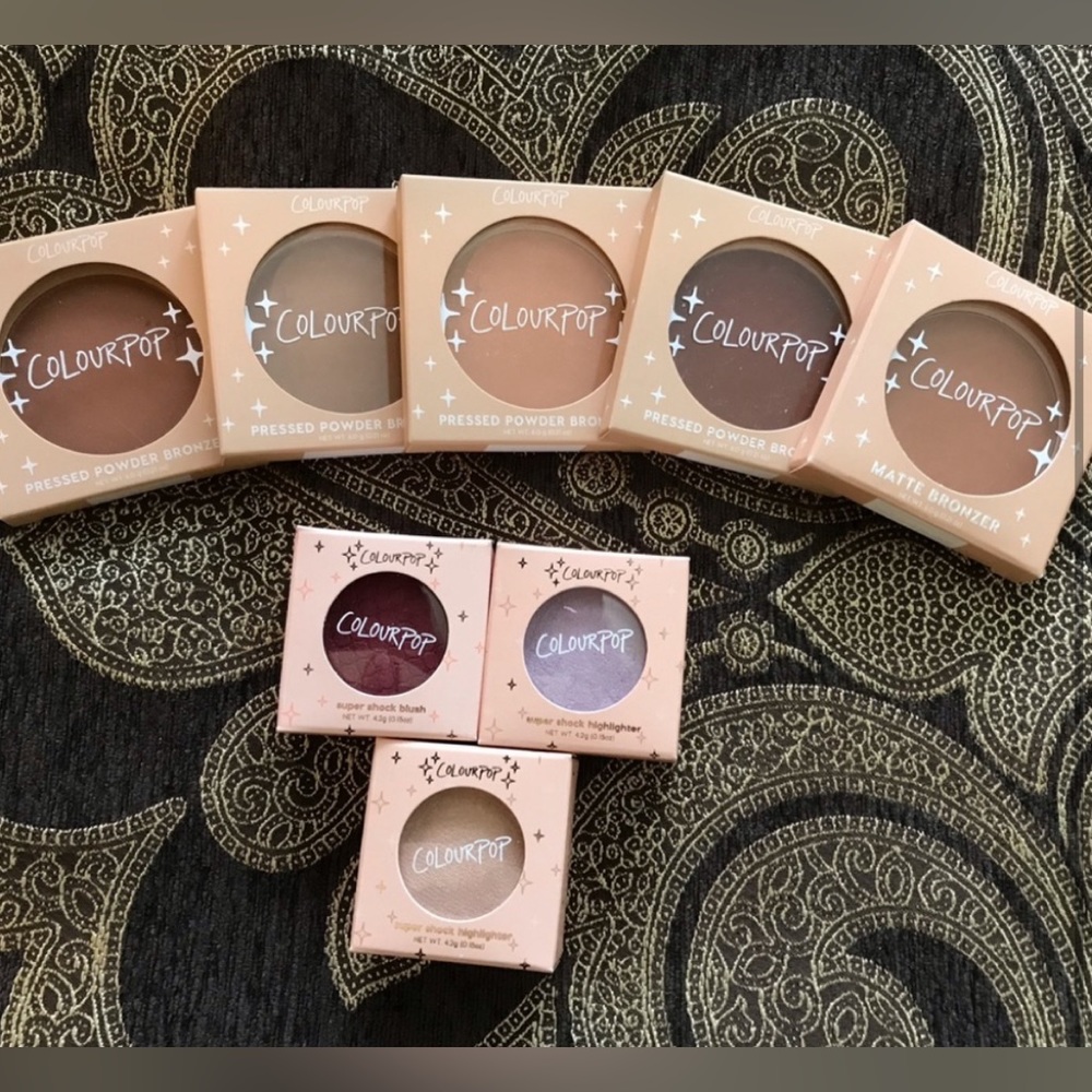 Colourpop bundle of 5 bronzers, one supershock blush, and two highlighters nib